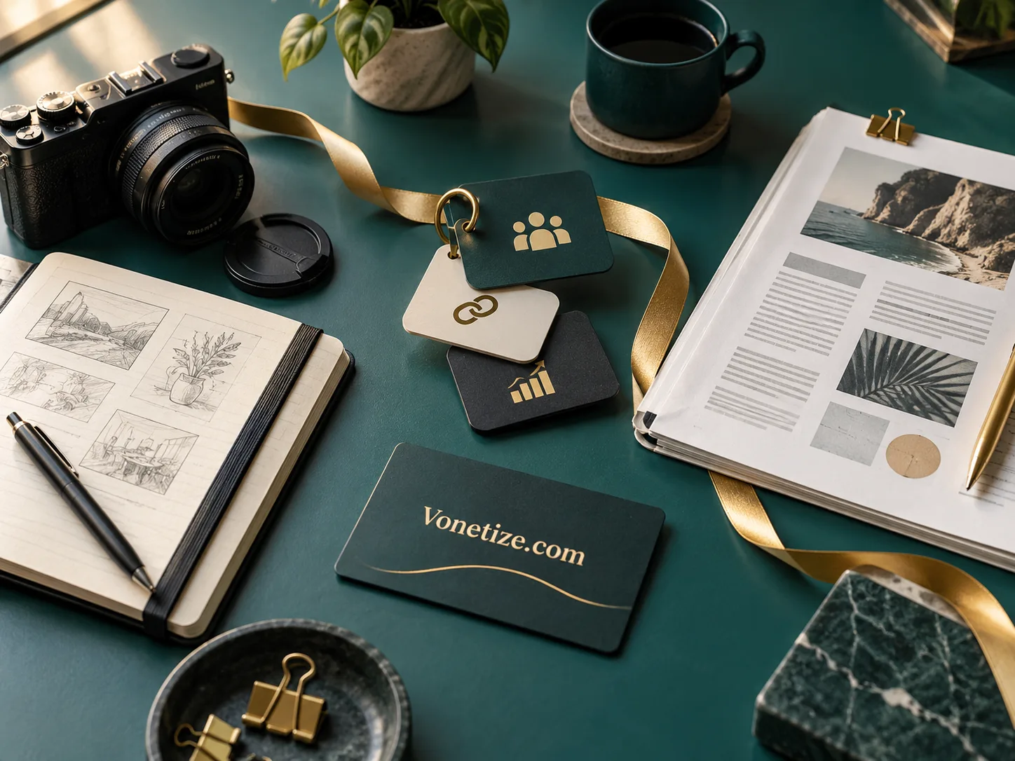 Teal materials and paper diagrams connecting creators, partners, and publishers