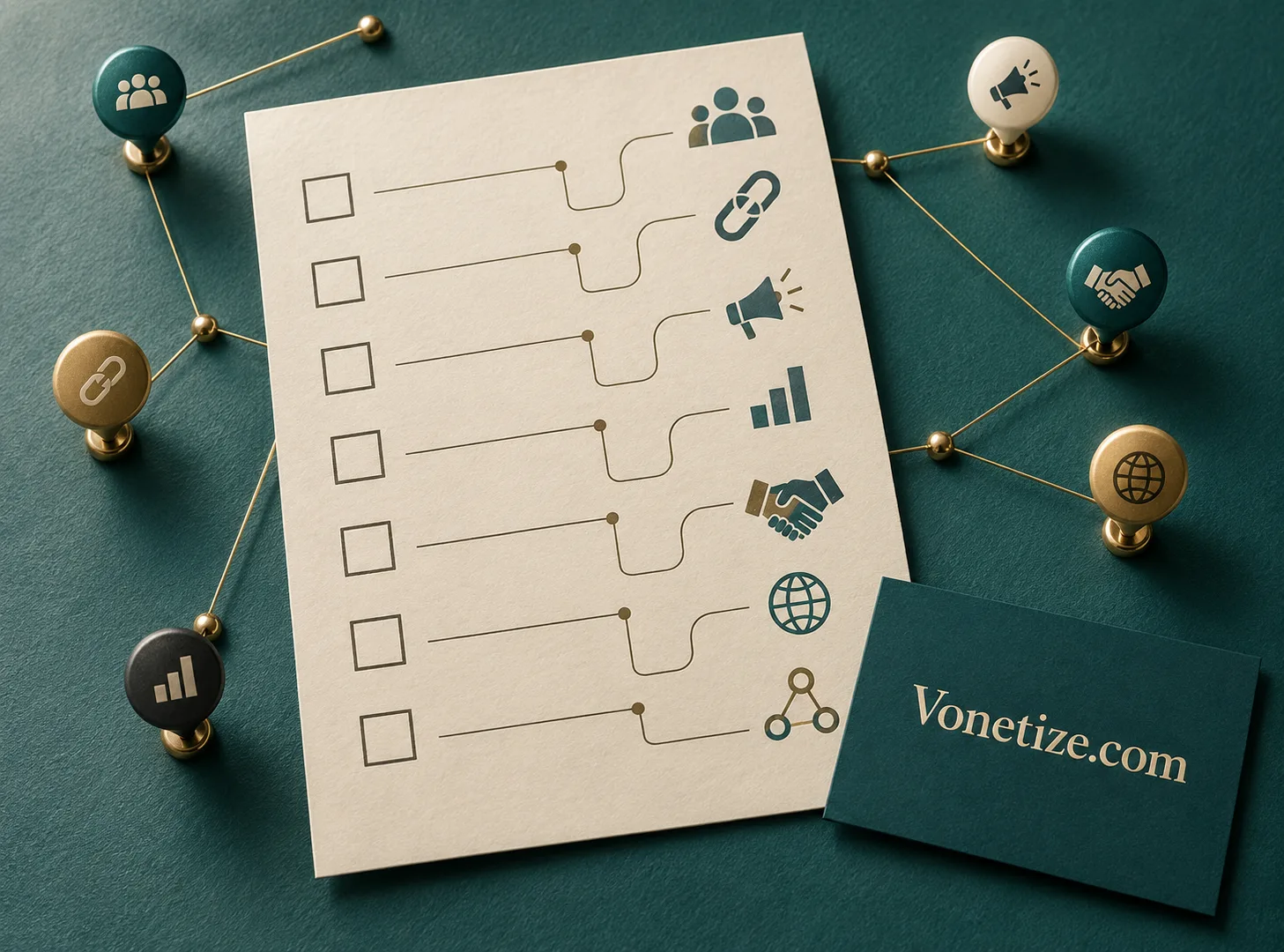 Paper diagrams and teal objects exploring an affiliate program workflow