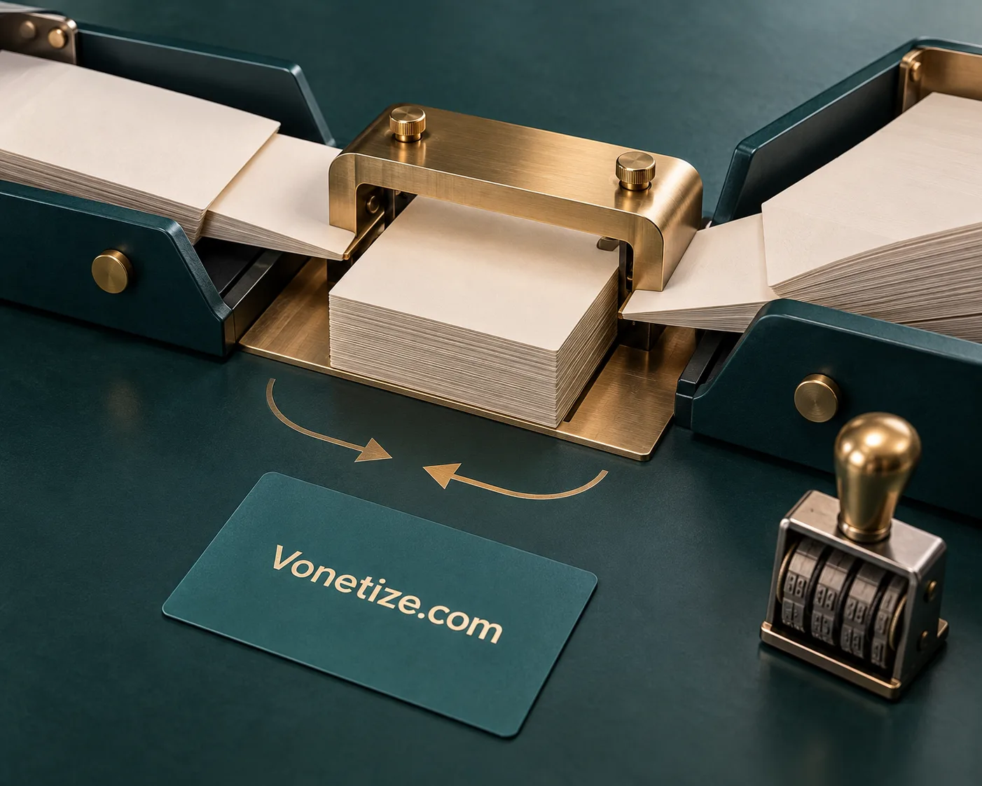 Teal and brass still life representing monetization and settlement infrastructure