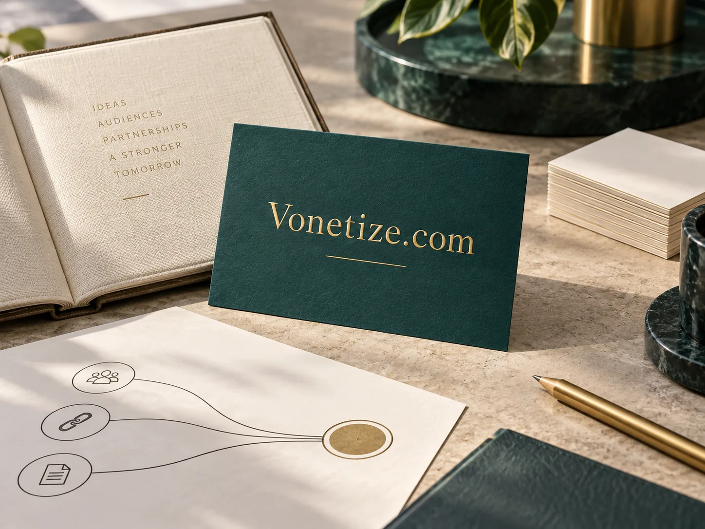 Vonetize.com stationery arranged in warm light